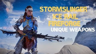 Horizon Zero Dawn Frozen Wilds Unique Weapons  Stormslinger Ice Rail Forgefire Improved Version [upl. by Buckels]