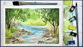 Easy Beginner Landscape in Watercolor Summer Stream [upl. by Spencer]