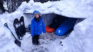 Survival Shelter Winter Camping in Blizzard  Deep Snow Camping in Alaska [upl. by Dnalyk]